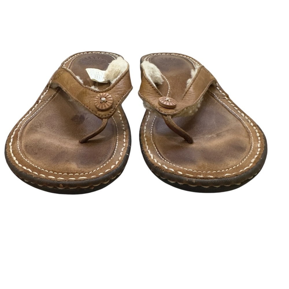 UGG Leather Sheepskin Flip Flop Sandals Brown Shearling Lined Comfort Size 9 - Picture 4 of 7